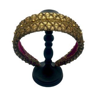 Mini gold headband in dupion silk with antique black metal trims and golden pearl embroidery, handmade in Vienna by Niely Hoetsch