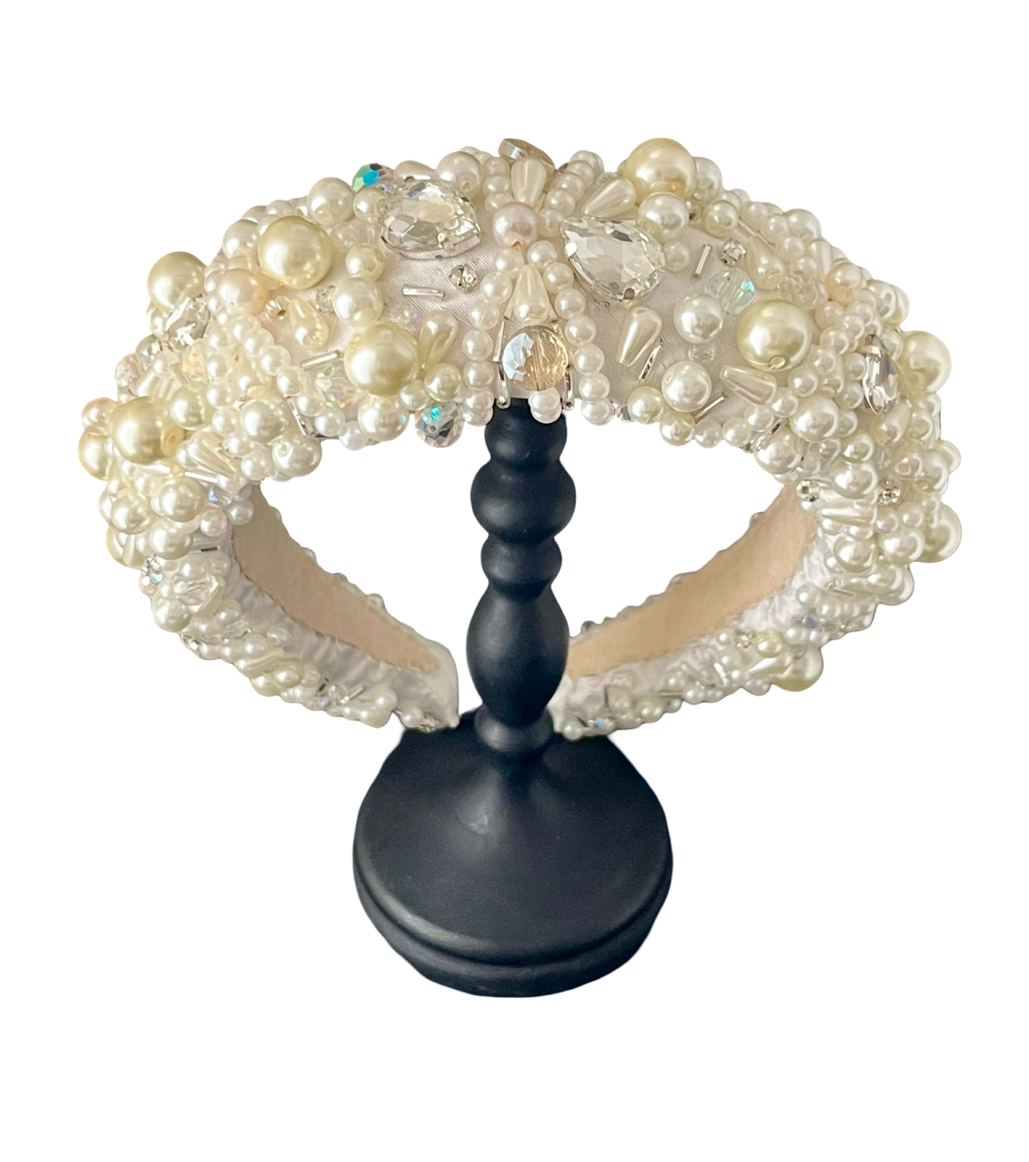 Off-white padded silk headband embroidered with acrylic pearls and crystals, handmade in Vienna by Niely Hoetsch