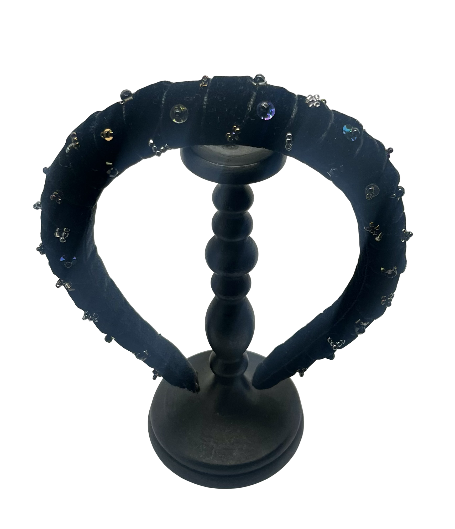 Black velvet headband with crystal and jet bead constellation embroidery, handmade in Vienna by Niely Hoetsch