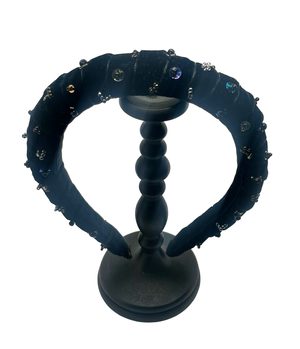 Black velvet headband with crystal and jet bead constellation embroidery, handmade in Vienna by Niely Hoetsch