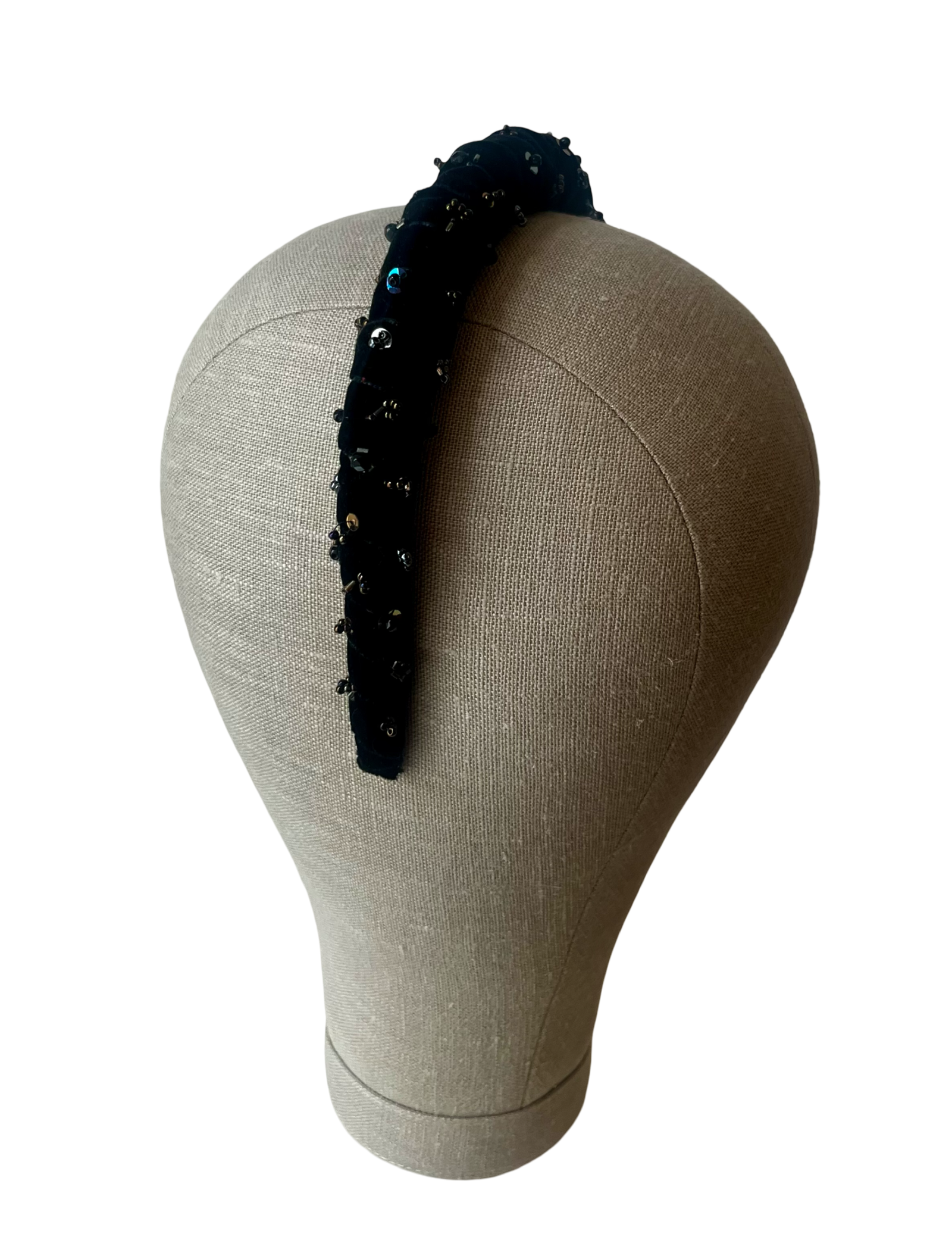 Black velvet headband with crystal and jet bead constellation embroidery, handmade in Vienna by Niely Hoetsch