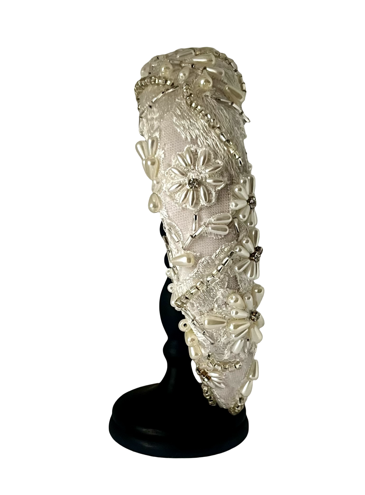 Padded silk headband with floral embroidery, hand-applied pearls, crystals, and glass beads, handmade in Vienna by Niely Hoetsch