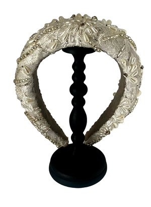 Padded silk headband with floral embroidery, hand-applied pearls, crystals, and glass beads, handmade in Vienna by Niely Hoetsch