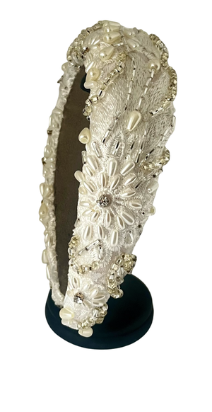 Padded silk headband with floral embroidery, hand-applied pearls, crystals, and glass beads, handmade in Vienna by Niely Hoetsch