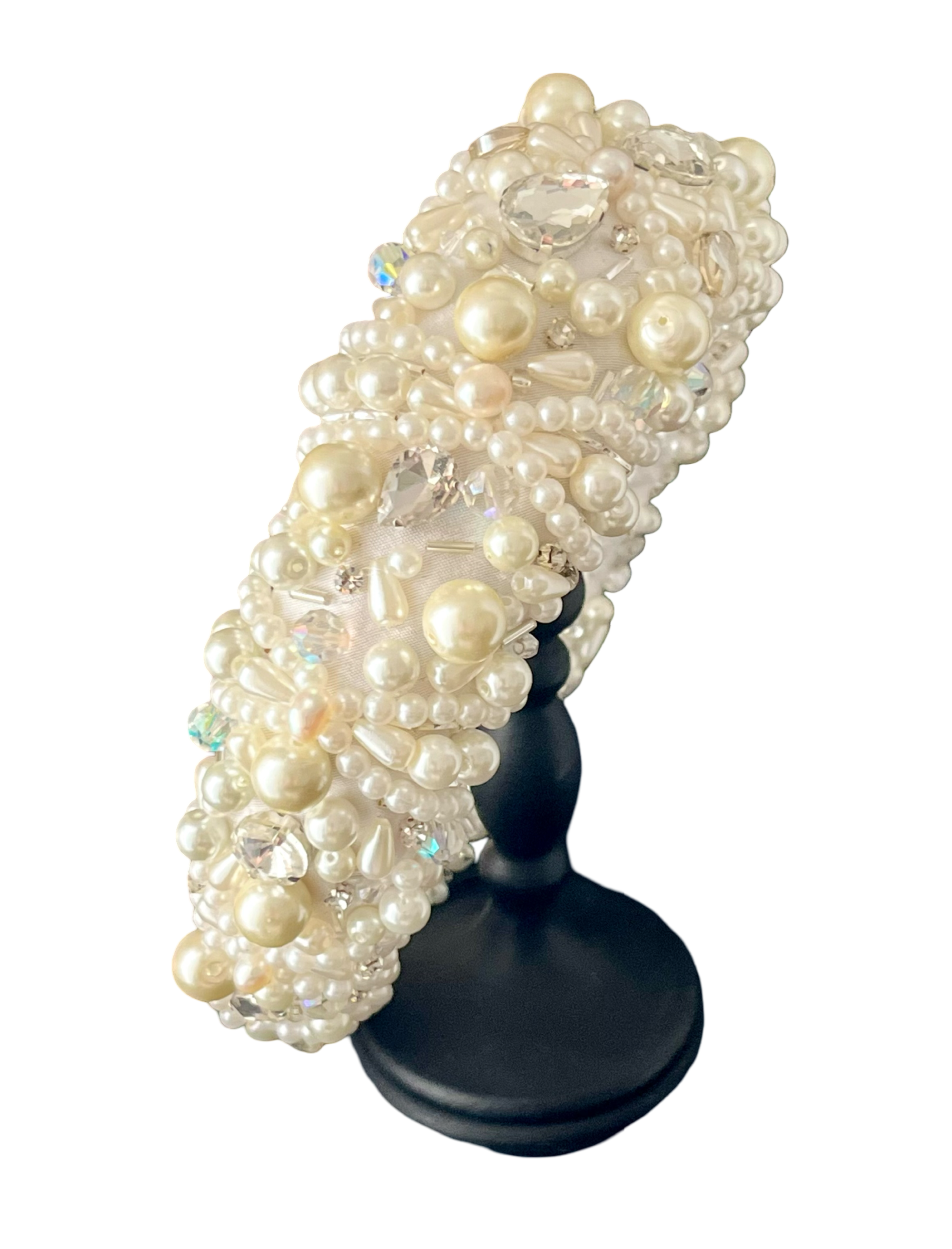 Off-white padded silk headband embroidered with acrylic pearls and crystals, handmade in Vienna by Niely Hoetsch