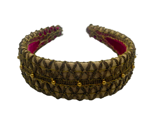 Mini gold headband in dupion silk with antique black metal trims and golden pearl embroidery, handmade in Vienna by Niely Hoetsch