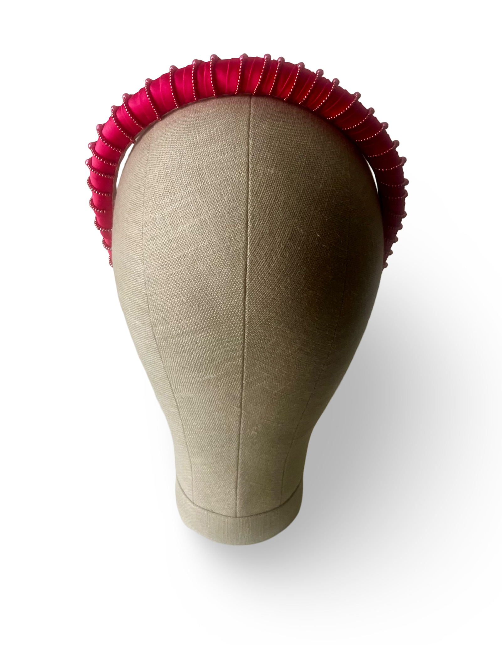 Fuchsia satin headband with pink beaded embroidery and pearls, handmade in Vienna by Niely Hoetsch