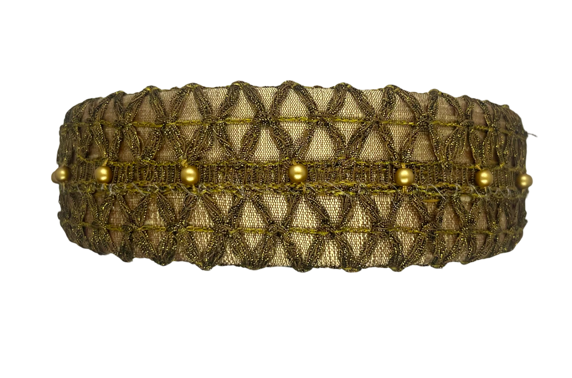 Mini gold headband in dupion silk with antique black metal trims and golden pearl embroidery, handmade in Vienna by Niely Hoetsch