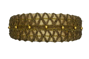 Mini gold headband in dupion silk with antique black metal trims and golden pearl embroidery, handmade in Vienna by Niely Hoetsch