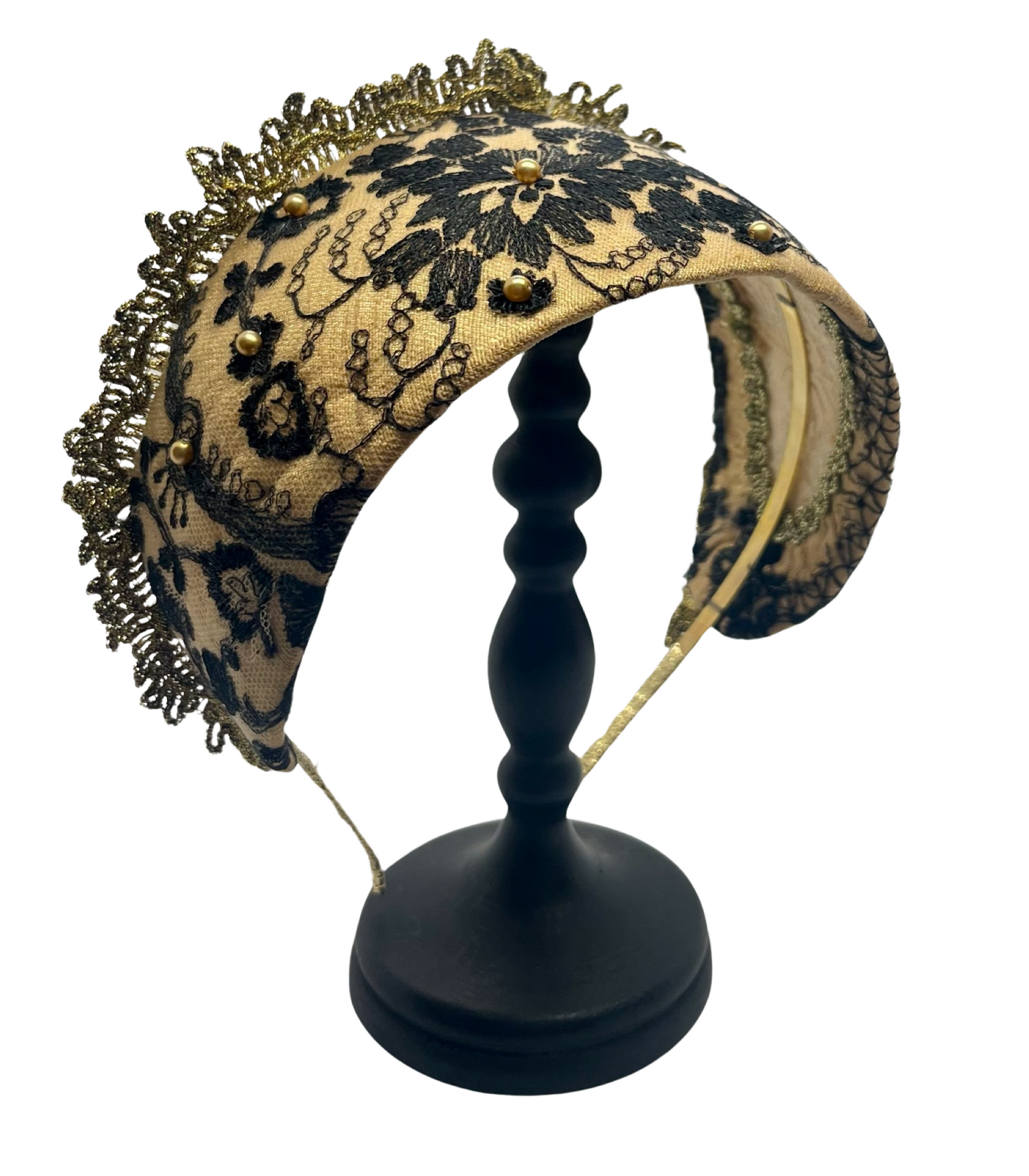 Black and gold Goldreifen with sheer Austrian lace and golden pearl accents over caramel silk, handmade in Vienna by Niely Hoetsch