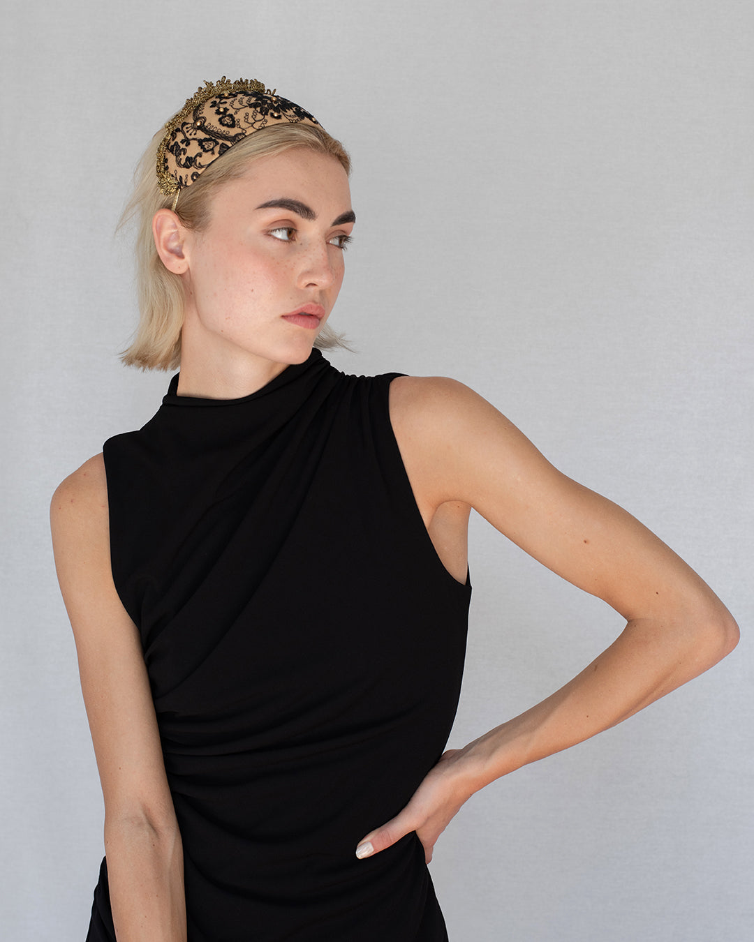 Black and gold Goldreifen with sheer Austrian lace and golden pearl accents over caramel silk, handmade in Vienna by Niely Hoetsch