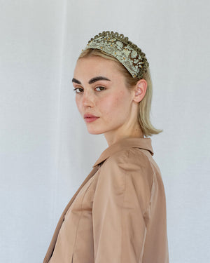 Black and gold Goldreifen with butter floral embroidery on sheer tulle, lined in golden silk, handmade in Vienna by Niely Hoetsch