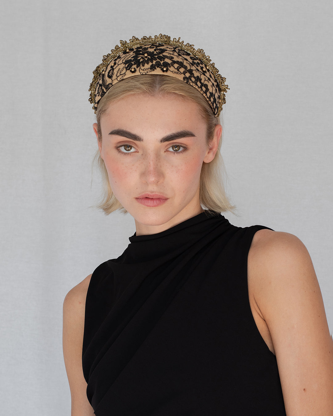 Black and gold Goldreifen with sheer Austrian lace and golden pearl accents over caramel silk, handmade in Vienna by Niely Hoetsch