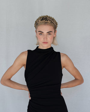 Black and gold Goldreifen with sheer Austrian lace and golden pearl accents over caramel silk, handmade in Vienna by Niely Hoetsch