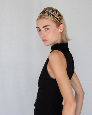 Black and gold Goldreifen with sheer Austrian lace and golden pearl accents over caramel silk, handmade in Vienna by Niely Hoetsch