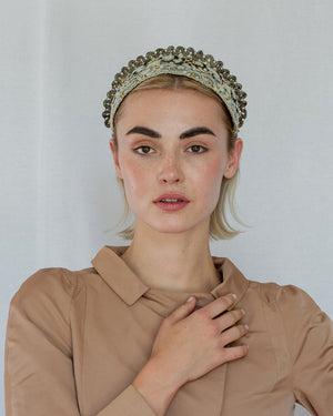 Black and gold Goldreifen with butter floral embroidery on sheer tulle, lined in golden silk, handmade in Vienna by Niely Hoetsch