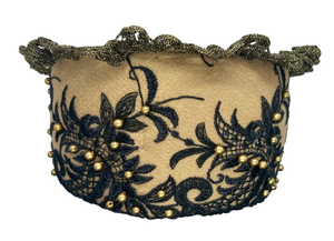 Goldreifen – black lace and golden pearl headpiece with bilro embroidery, handmade in Vienna