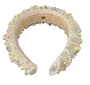 Off-white padded silk headband embroidered with acrylic pearls and crystals, handmade in Vienna by Niely Hoetsch