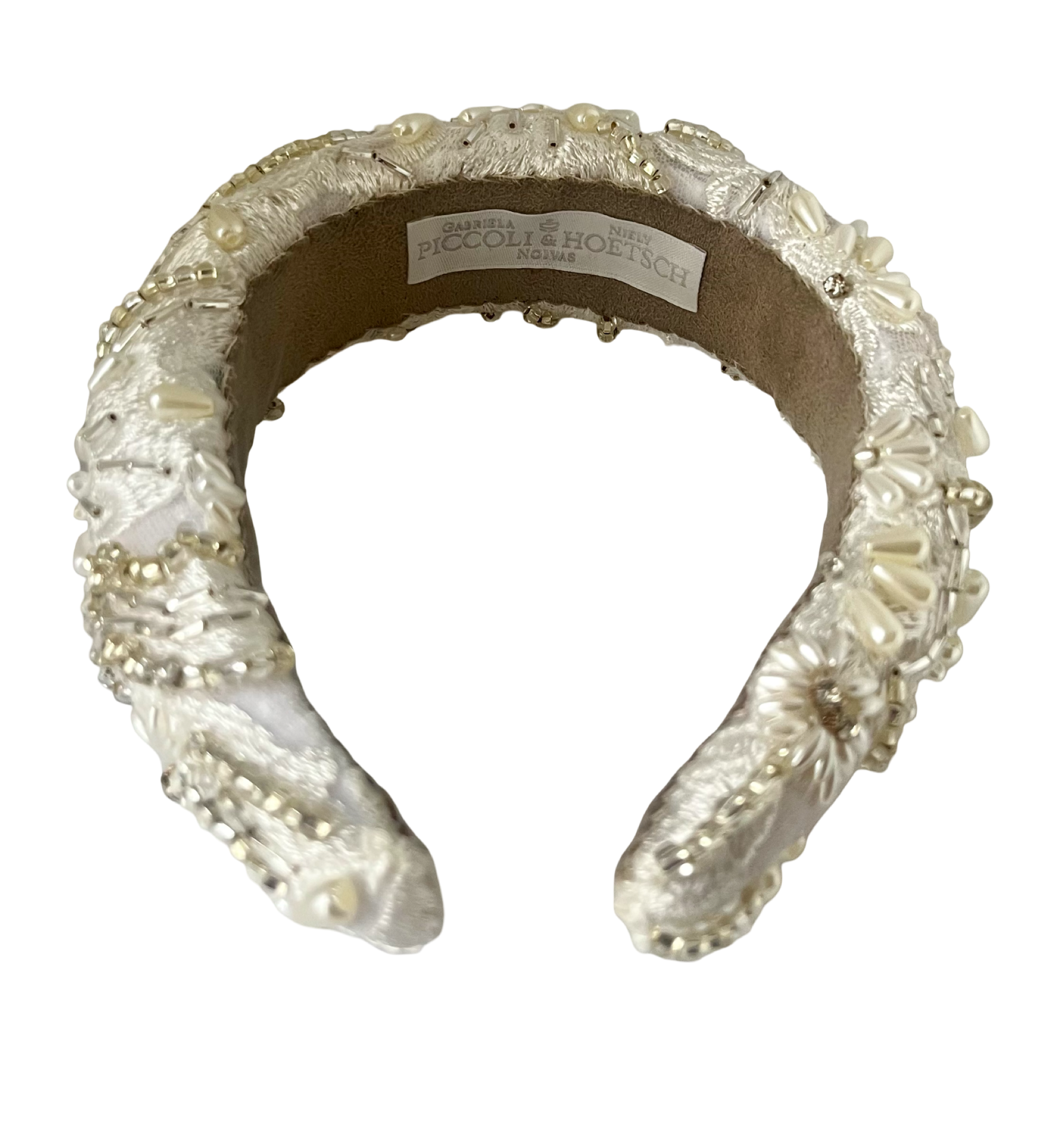 Padded silk headband with floral embroidery, hand-applied pearls, crystals, and glass beads, handmade in Vienna by Niely Hoetsch