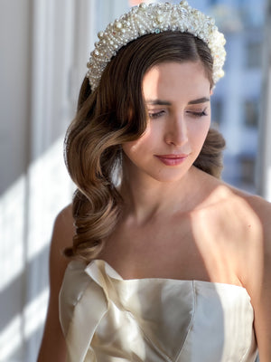 Off-white padded silk headband embroidered with acrylic pearls and crystals, handmade in Vienna by Niely Hoetsch