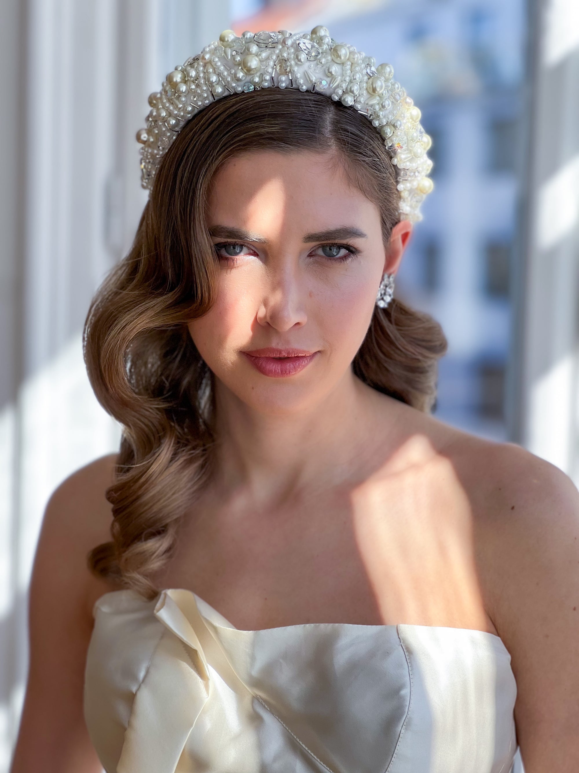 Off-white padded silk headband embroidered with acrylic pearls and crystals, handmade in Vienna by Niely Hoetsch