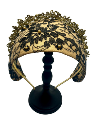 Black and gold Goldreifen with sheer Austrian lace and golden pearl accents over caramel silk, handmade in Vienna by Niely Hoetsch