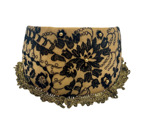 Black and gold Goldreifen with sheer Austrian lace and golden pearl accents over caramel silk, handmade in Vienna by Niely Hoetsch