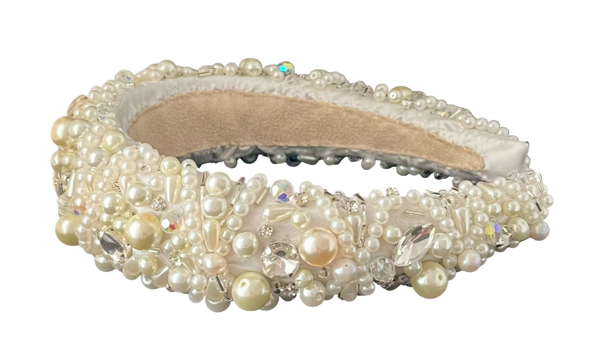 Off-white padded silk headband embroidered with acrylic pearls and crystals, handmade in Vienna by Niely Hoetsch
