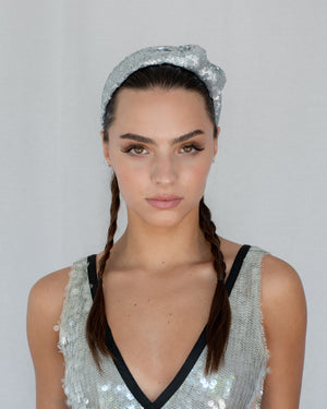 Emmie Flicker Knot Headband in Silver Sequins