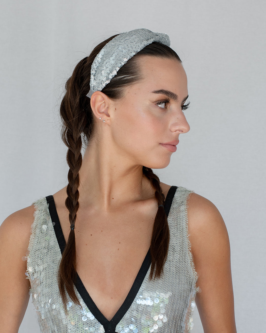 Emmie Flicker Knot Headband in Silver Sequins