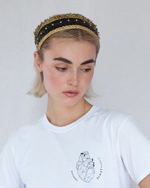 Gold and black Goldreifen by Niely Hoetsch with cane-weave motif, Wiener Geflecht, golden Lurex trims, and pearl embroidery, handmade in Vienna, red carpet headband, luxury acessory