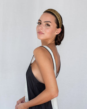 Mini gold headband in dupion silk with antique black metal trims and golden pearl embroidery, handmade in Vienna by Niely Hoetsch