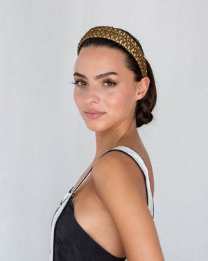 Mini gold headband in dupion silk with antique black metal trims and golden pearl embroidery, handmade in Vienna by Niely Hoetsch