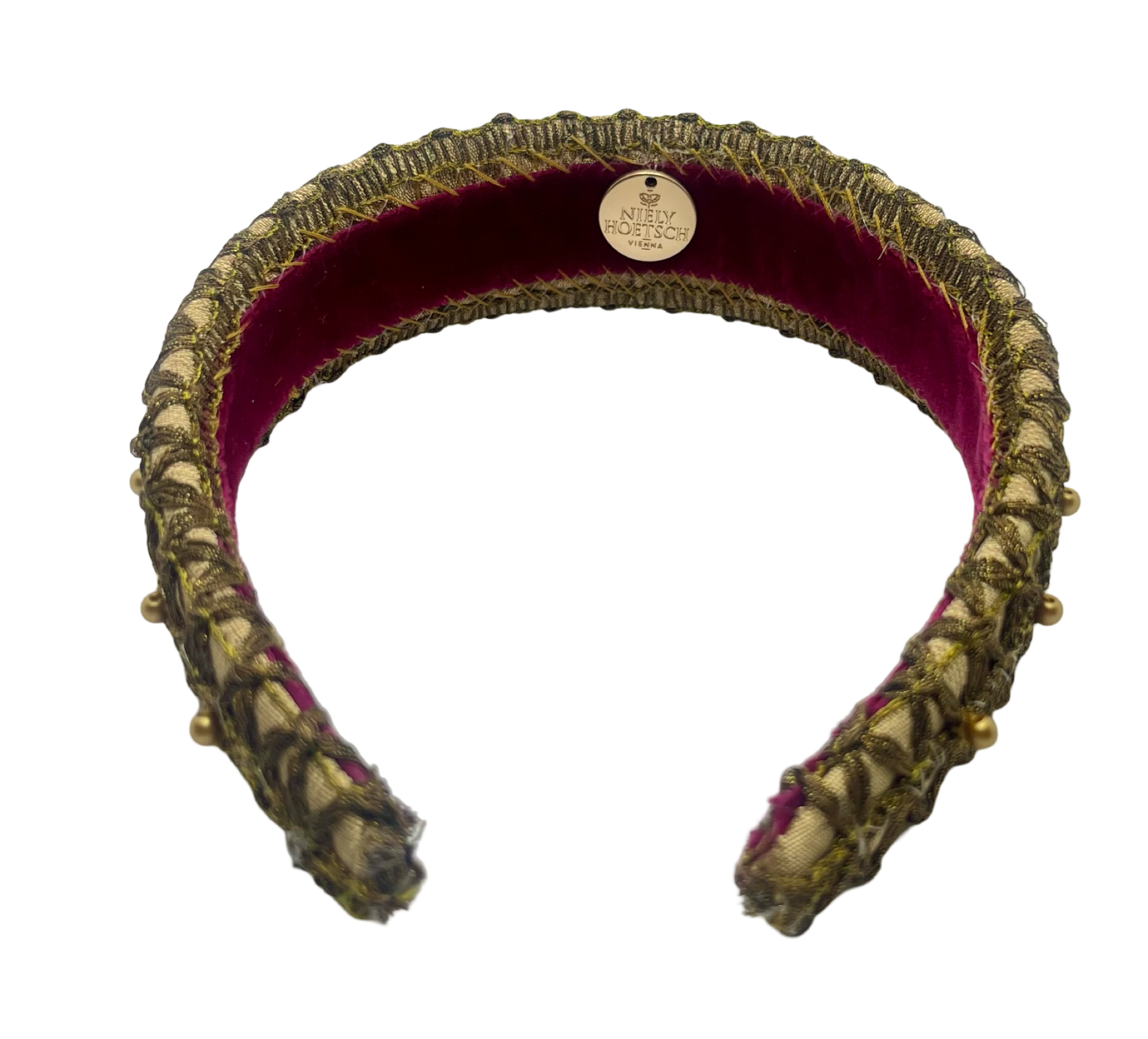 Mini gold headband in dupion silk with antique black metal trims and golden pearl embroidery, handmade in Vienna by Niely Hoetsch