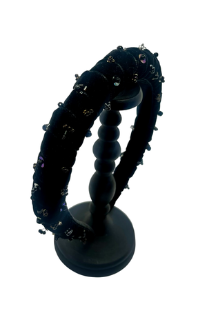 Black velvet headband with crystal and jet bead constellation embroidery, handmade in Vienna by Niely Hoetsch