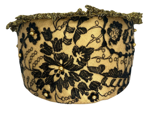 Black and gold Goldreifen with sheer Austrian lace and golden pearl accents over caramel silk, handmade in Vienna by Niely Hoetsch