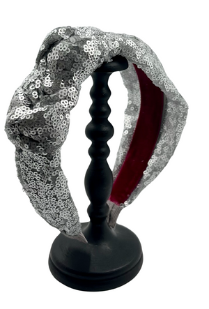Emmie Flicker Knot Headband in Silver Sequins