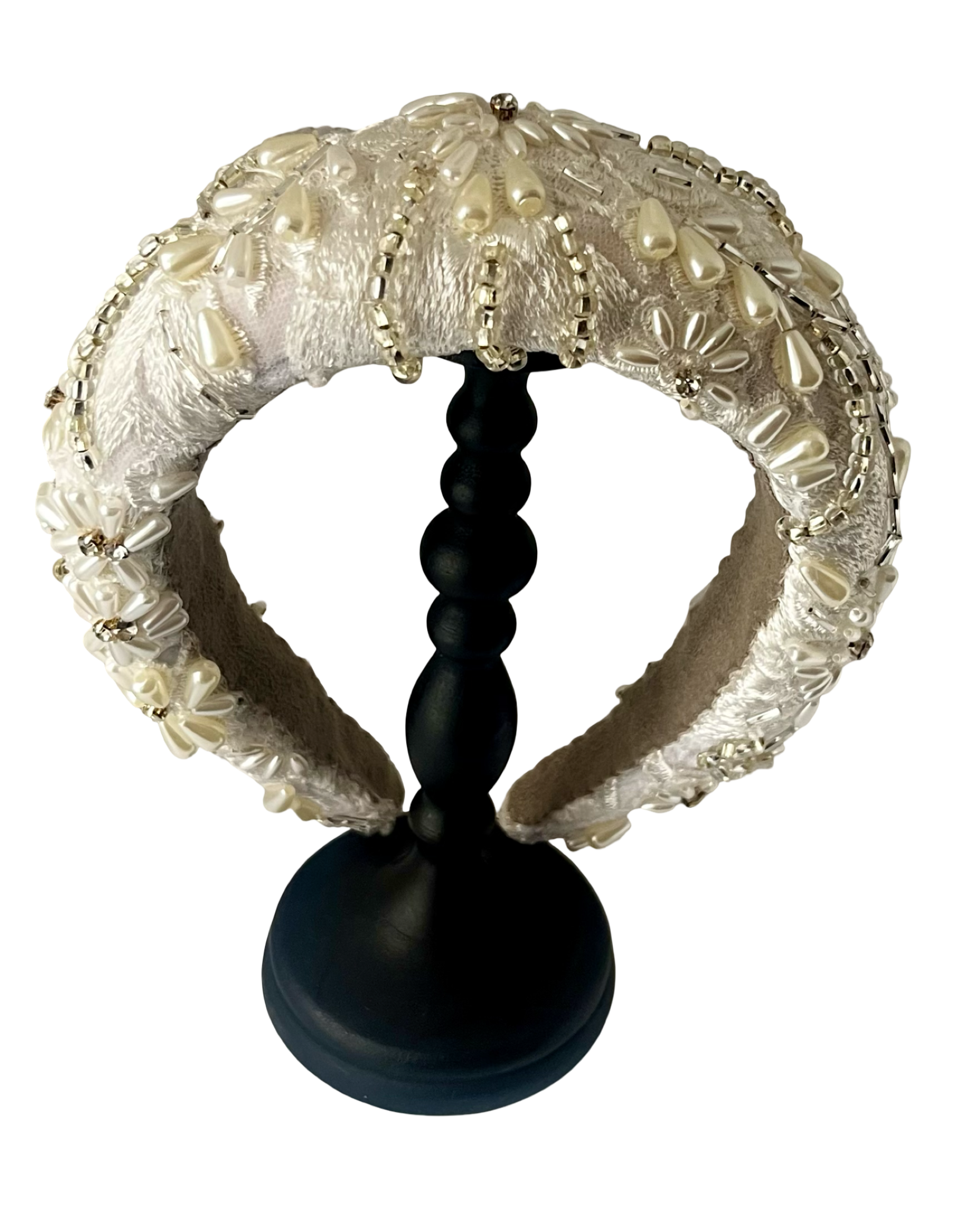 Padded silk headband with floral embroidery, hand-applied pearls, crystals, and glass beads, handmade in Vienna by Niely Hoetsch