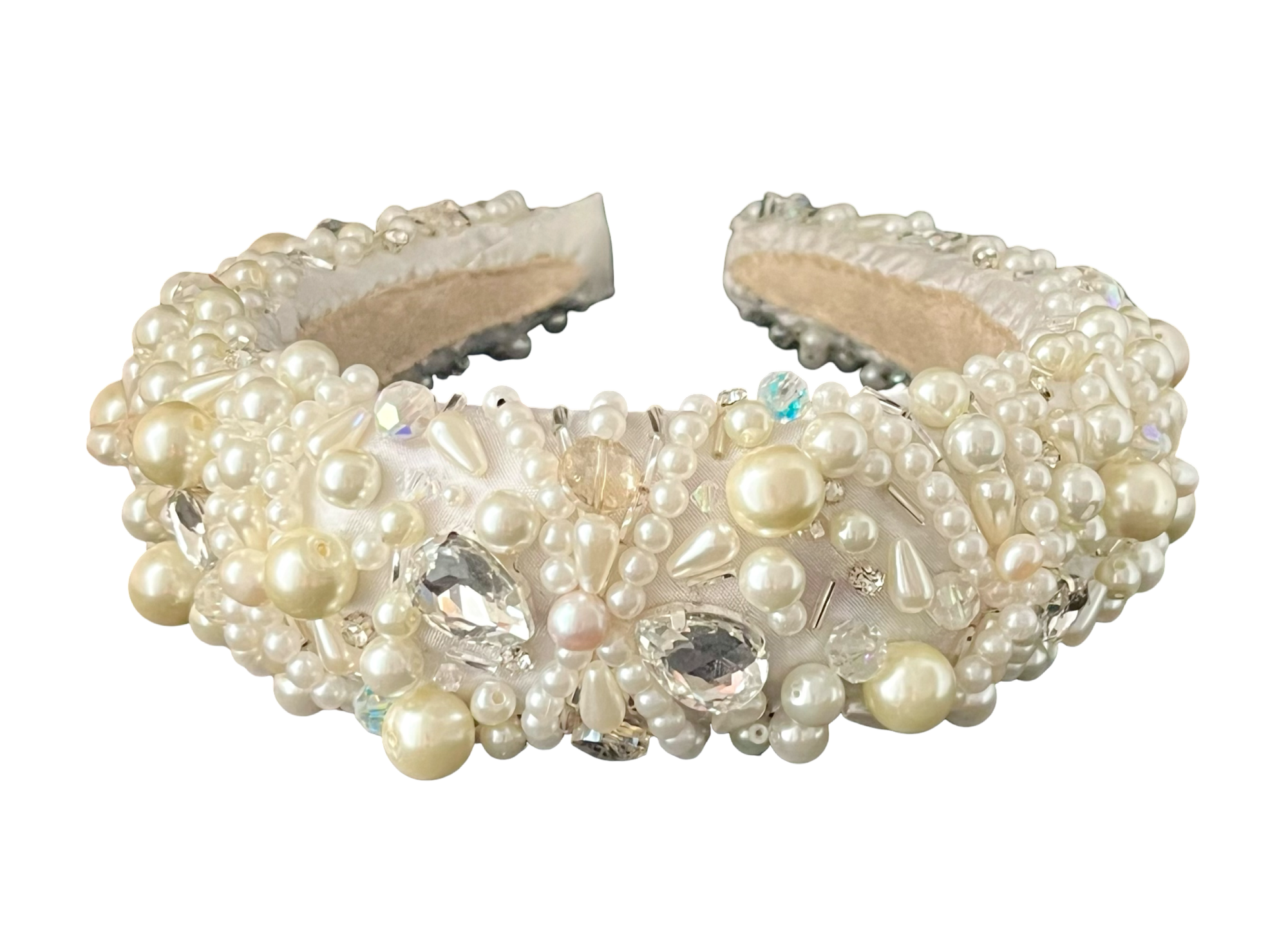 Off-white padded silk headband embroidered with acrylic pearls and crystals, handmade in Vienna by Niely Hoetsch