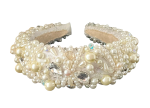 Off-white padded silk headband embroidered with acrylic pearls and crystals, handmade in Vienna by Niely Hoetsch