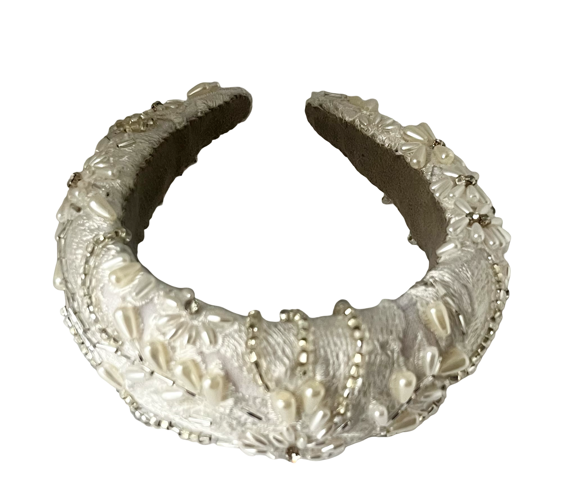 Padded silk headband with floral embroidery, hand-applied pearls, crystals, and glass beads, handmade in Vienna by Niely Hoetsch