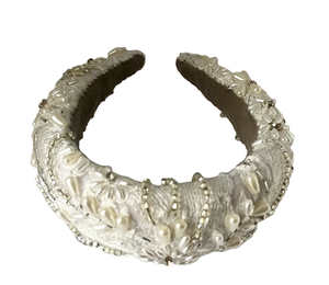 Padded silk headband with floral embroidery, hand-applied pearls, crystals, and glass beads, handmade in Vienna by Niely Hoetsch