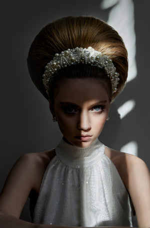 Off-white padded silk headband embroidered with acrylic pearls and crystals, handmade in Vienna by Niely Hoetsch