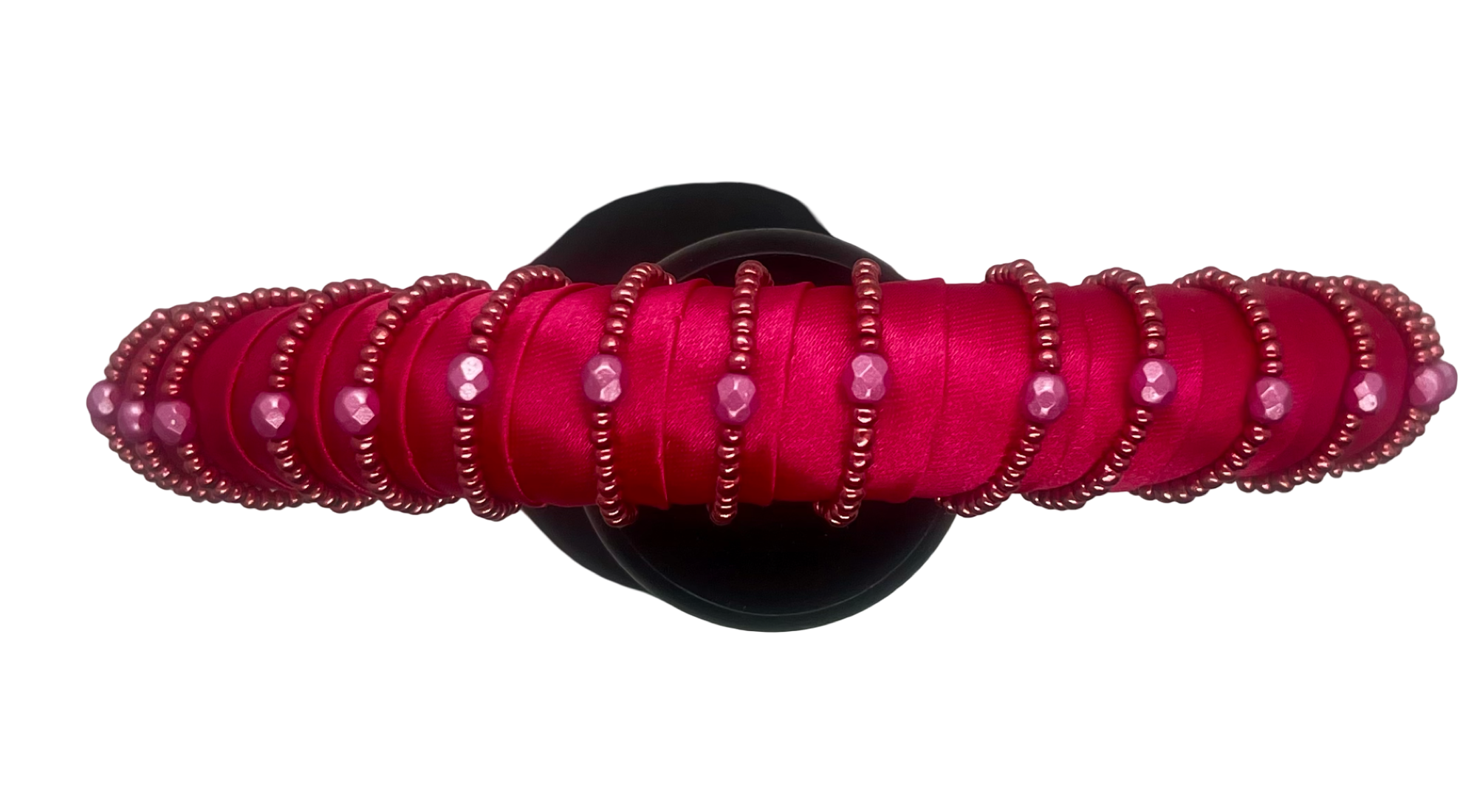 Fuchsia satin headband with pink beaded embroidery and pearls, handmade in Vienna by Niely Hoetsch