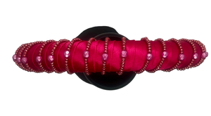 Fuchsia satin headband with pink beaded embroidery and pearls, handmade in Vienna by Niely Hoetsch