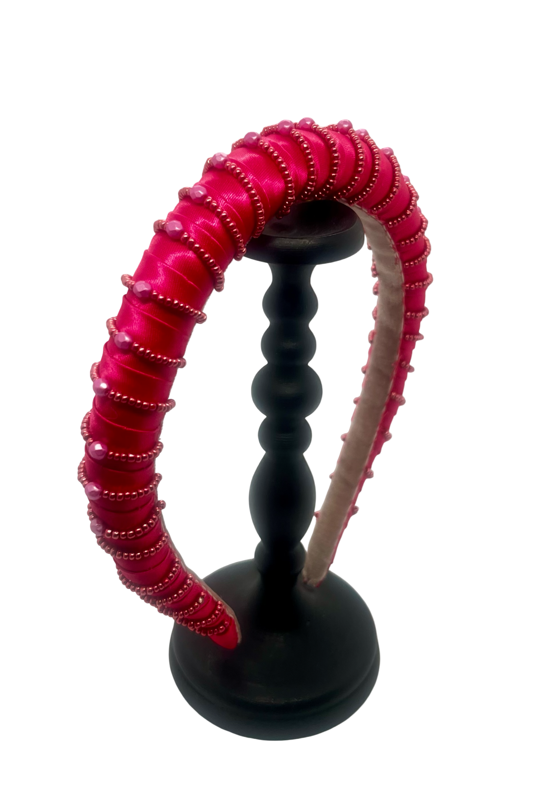Fuchsia satin headband with pink beaded embroidery and pearls, handmade in Vienna by Niely Hoetsch
