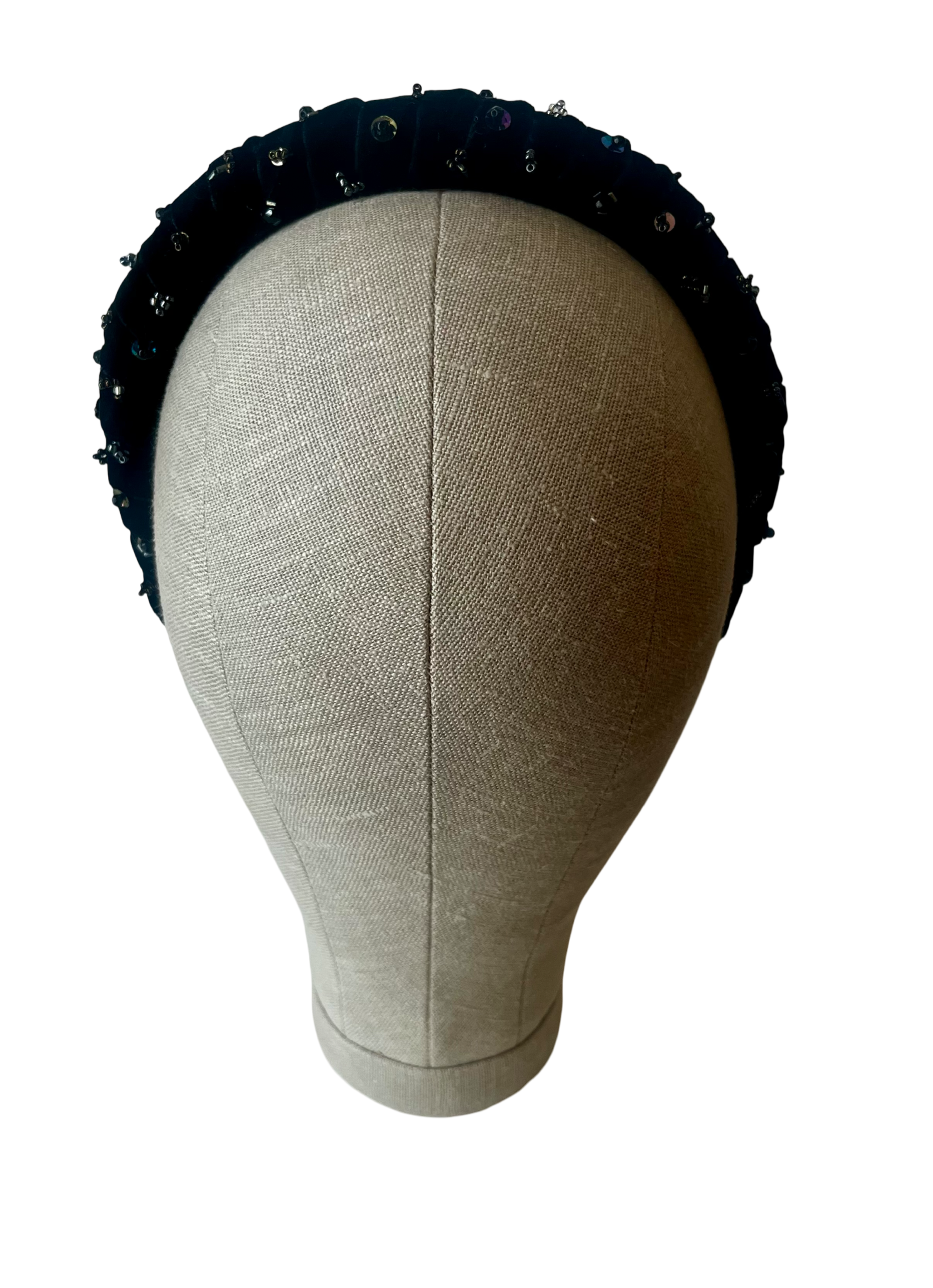 Black velvet headband with crystal and jet bead constellation embroidery, handmade in Vienna by Niely Hoetsch
