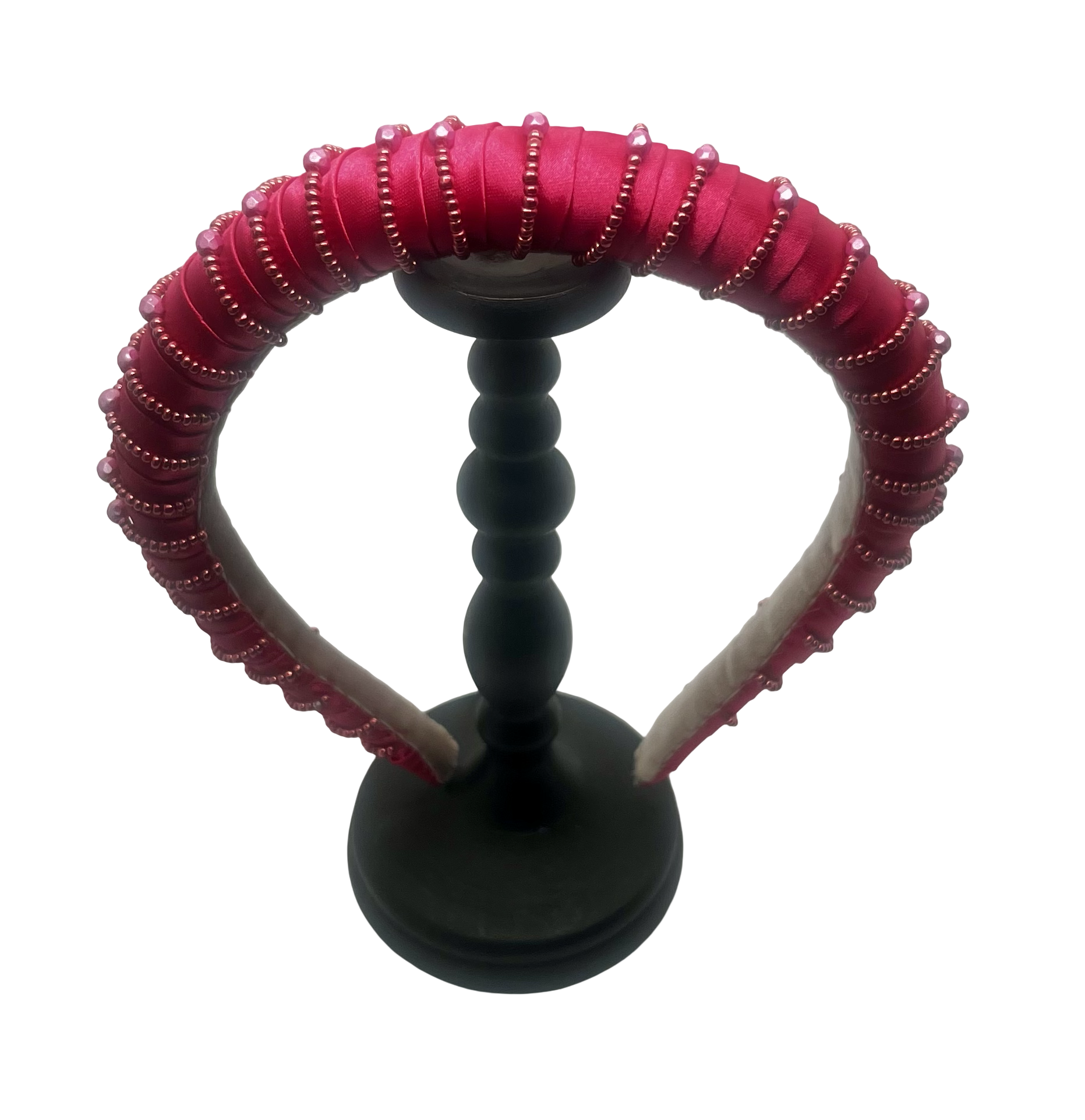 Fuchsia satin headband with pink beaded embroidery and pearls, handmade in Vienna by Niely Hoetsch