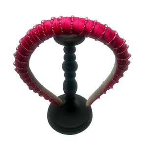 Fuchsia satin headband with pink beaded embroidery and pearls, handmade in Vienna by Niely Hoetsch