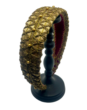 Mini gold headband in dupion silk with antique black metal trims and golden pearl embroidery, handmade in Vienna by Niely Hoetsch